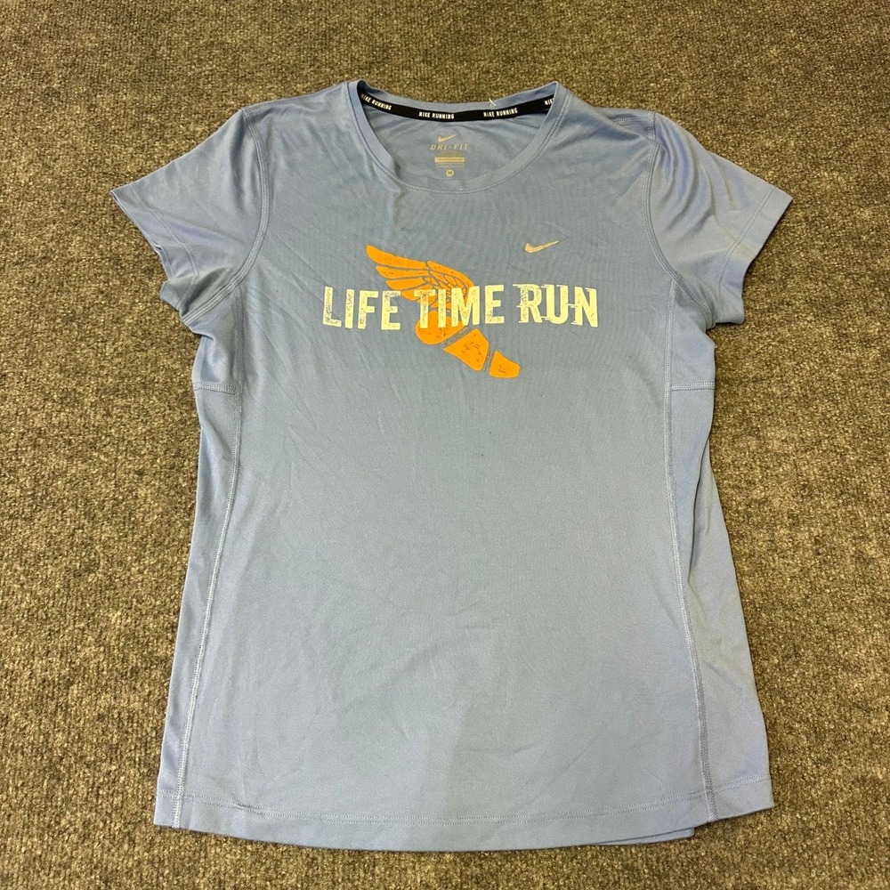 Nike T-Shirt Womens Size M Blue Dri-Fit Life Time Run Graphic Short Sleeve Tee